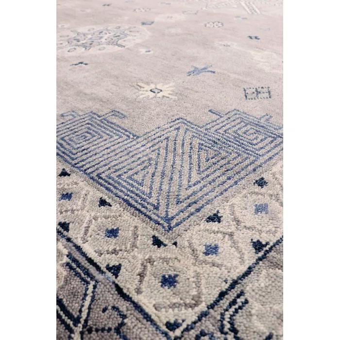 Pasargad Khotan Oriental Hand-Knotted Rectangle 9'1" x 12'11" Wool Area Rug in Silver/Blue/Beige
