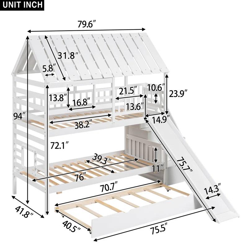 Harper Orchard Twin Over Twin House Bunk Bed With Trundle And Slide
