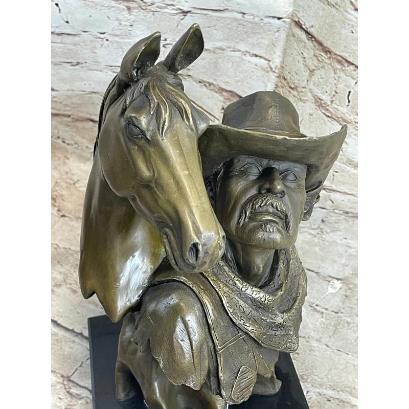 Canora Grey Thailan Western Art Old West Cowboy With Horse Bronze Bust Sculpture Marble Statue Decor