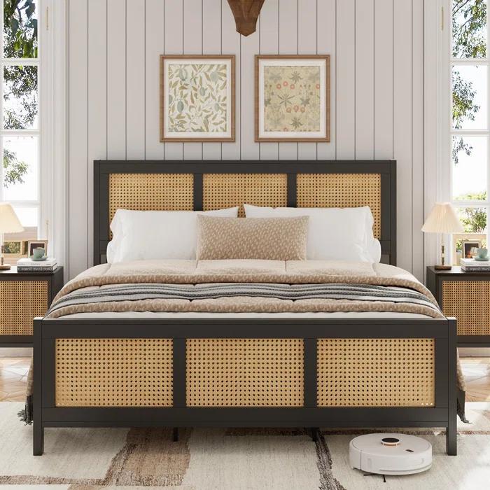 babevy Boho Cane Platform Bed Frame With Strong Metal Slat