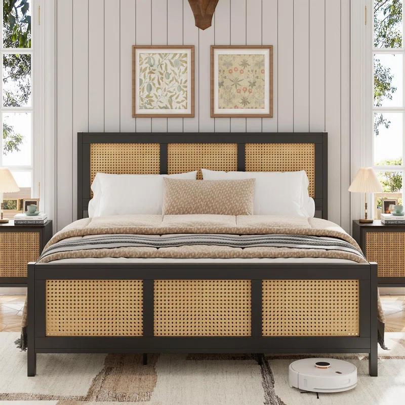 babevy Boho Cane Platform Bed Frame With Strong Metal Slat