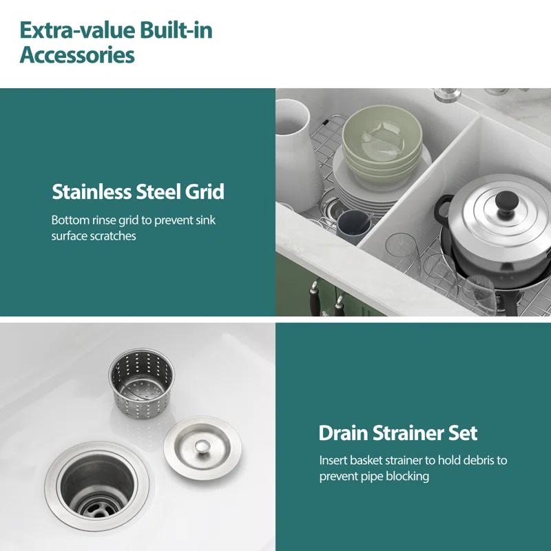 Sarlai 32'' L x 19" W White Ceramic 50/50 Double Basin Drop-In/Undermount Kitchen Sink with Sink Grids S-CSU3219-55