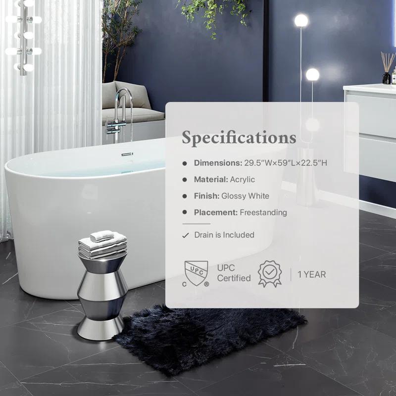 Eviva EVTB1872-60WH Rejoice 59'' x 29.5'' Freestanding Soaking Solid Surface Bathtub