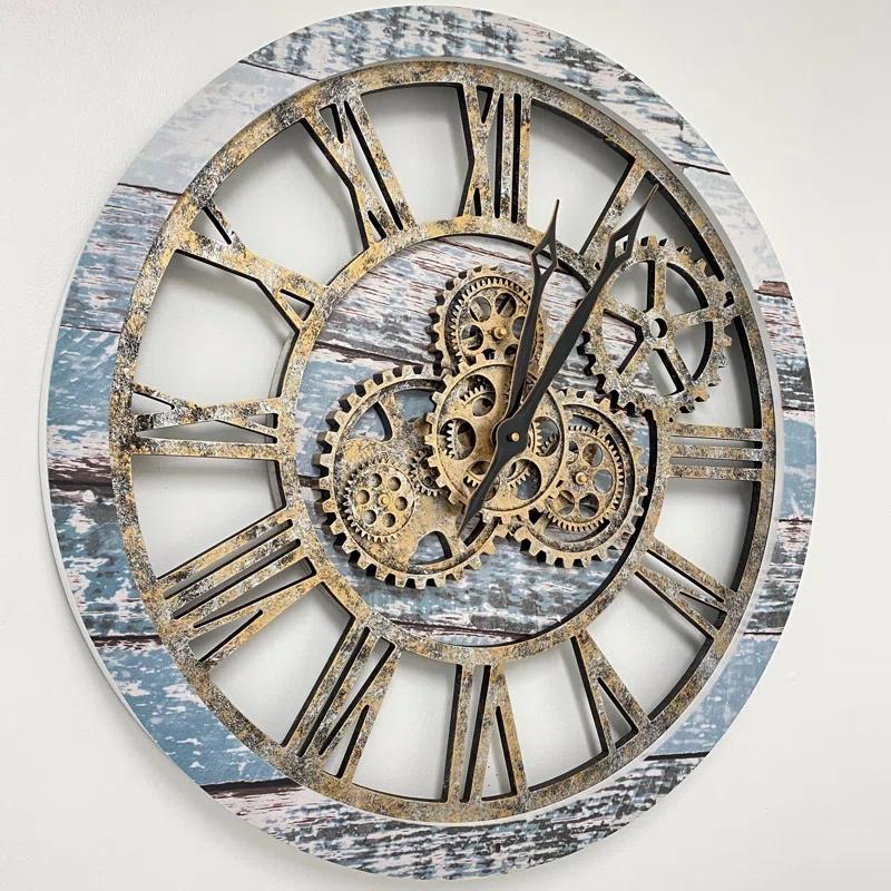 The Gears Clock Wall Clock 24" Round Oversized for Living Room decor with Real Moving Gears America Collection
