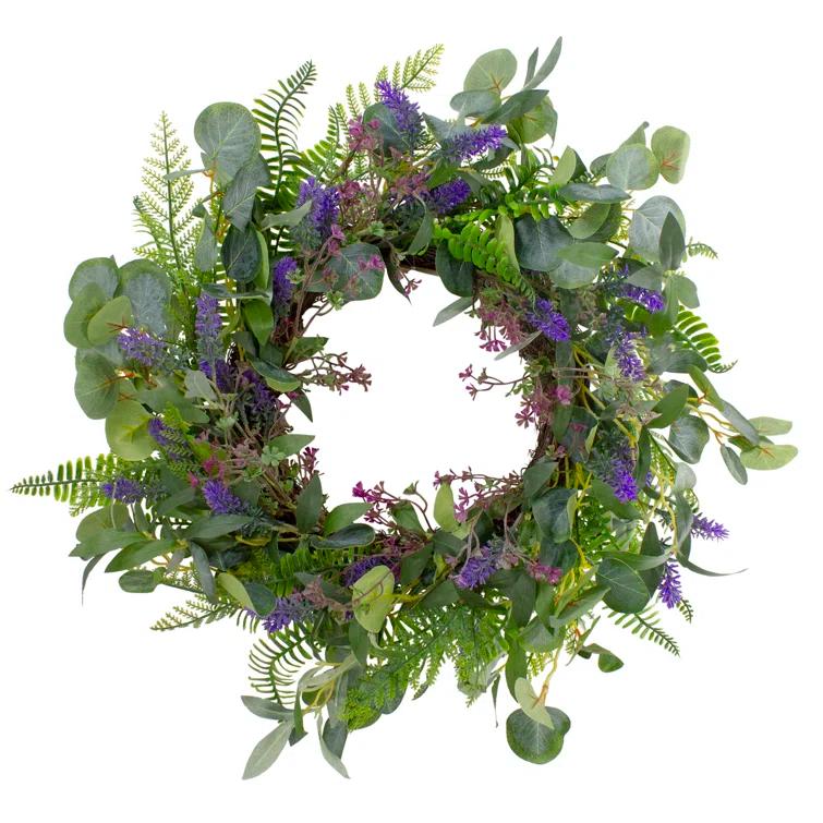 Northlight Seasonal Lavender and Mixed Foliage Artificial Floral Spring Wreath Purple and Green - 22-Inch