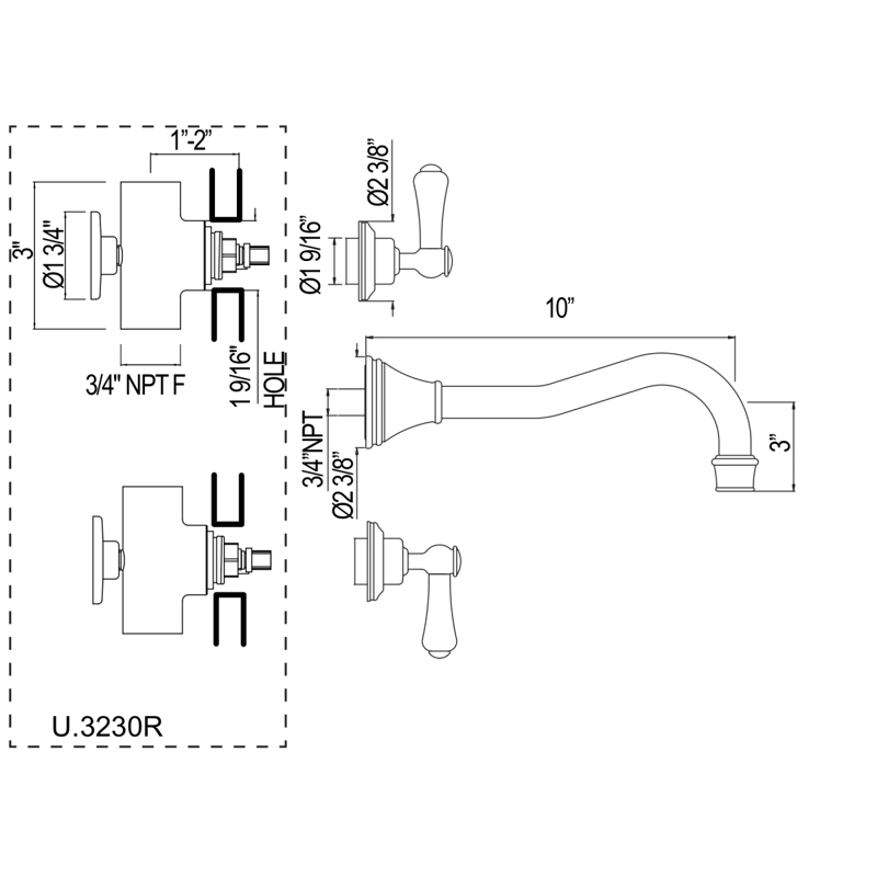 Georgian Era Wall Mount Tub Filler Trim