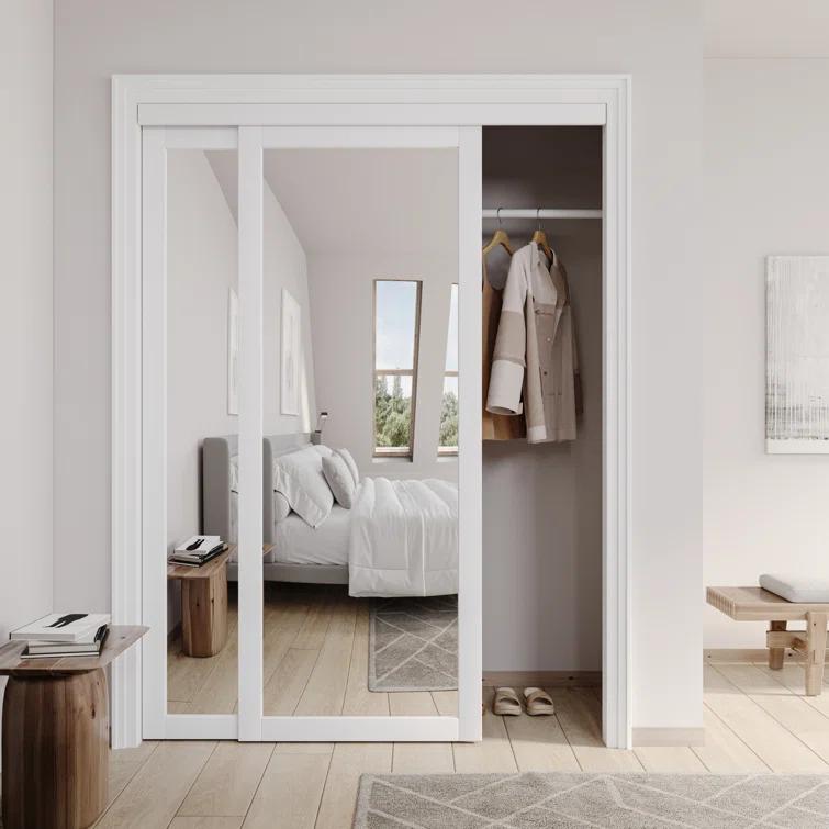 ARK DESIGN 80 in. 1 Lite Mirrored White Sliding Closet Door with Hardware Kit