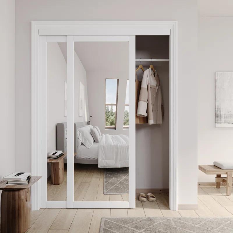 ARK DESIGN 80 in. 1 Lite Mirrored White Sliding Closet Door with Hardware Kit