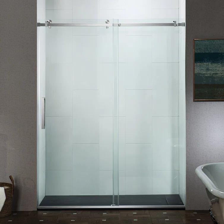 WoodBridge Semi-Frameless Single Sliding Shower Doors, 56-60" W X 76" H With 5/16" Clear Tempered Glass And Explosion-Proof Film MSDF6076-B
