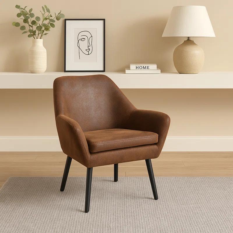 Ebern Designs Ringwold Mid-Century Modern Accent Armchair with Aged Fabric Upholstery, Solid Wood Legs