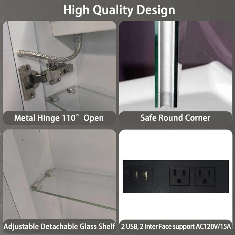 Ebern Designs Christhilde Medicine Cabinet with LED Mirror for Bathroom, Defog, Stepless Dimming, 3 Color Change, 2 Outlets, 2USB