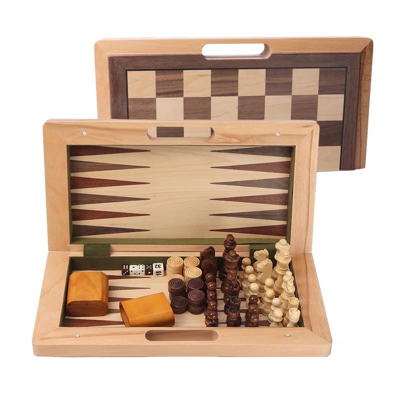 GSE 3-in-1 Wooden Folding Chess, Checker and Backgammon Board Game Combo Set