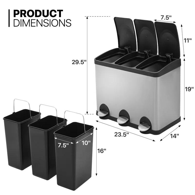MoNiBloom 12 Gallon Trash Can with 3 Compartments, Step On Garbage Can with Soft-Close Lids and Inner Buckets