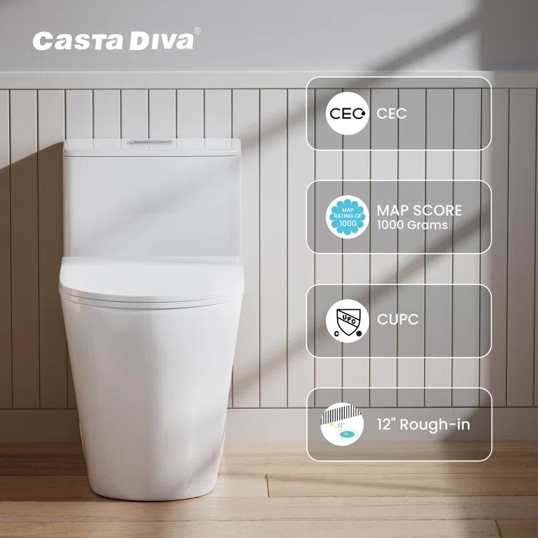 Casta Diva Modern 17" Comfort Chair Height Toilet Powerful Dual Flush Elongated One-Piece Bathroom Toilet Bowl, Quiet Close Seat WE05