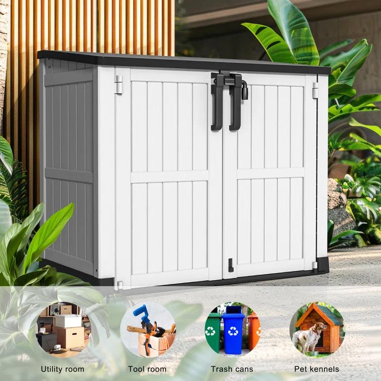 Emperic Design Resin Tool Shed, 36 Cu Ft Waterproof Outdoor Horizontal Storage, Weather-resistant Utility Shed With Air Vent For Trash And Lockable Doors, Garden Tools (black And White)