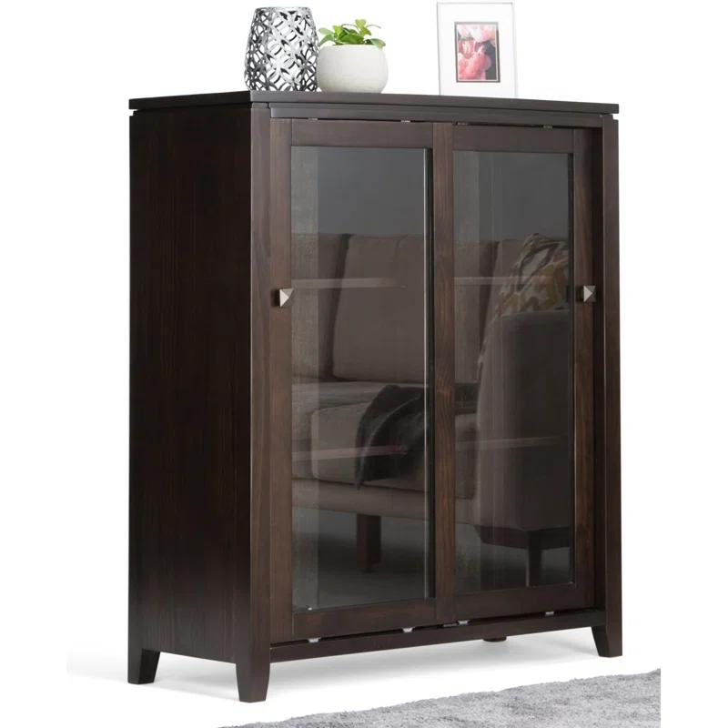 Simpli Home Cosmopolitan 36"W Solid Wood 4-Shelf Contemporary Medium Storage Cabinet with Sliding Glass Doors