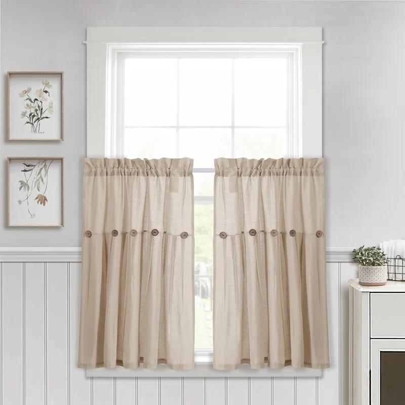 Lush Decor Linen Button Cotton Blend Tailored 29'' W Cafe Curtain (Set of 2)