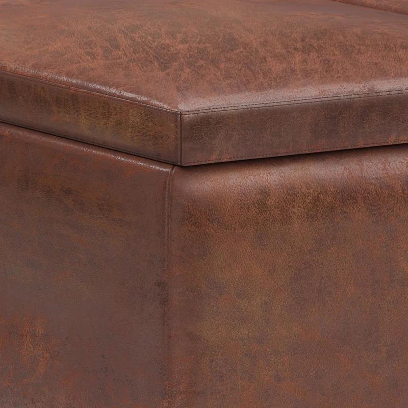 Simpli Home Owen 34"W Small Upholstered Coffee Table Storage Ottoman with Flip-Over Tray Top and Solid Wood Legs