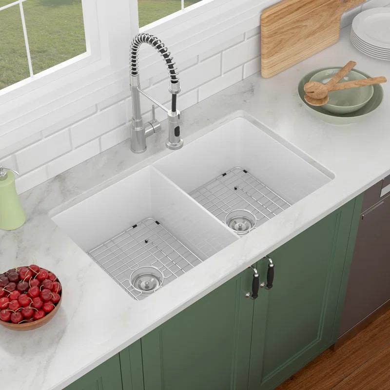 Sarlai 32'' L x 19" W White Ceramic 50/50 Double Basin Drop-In/Undermount Kitchen Sink with Sink Grids S-CSU3219-55