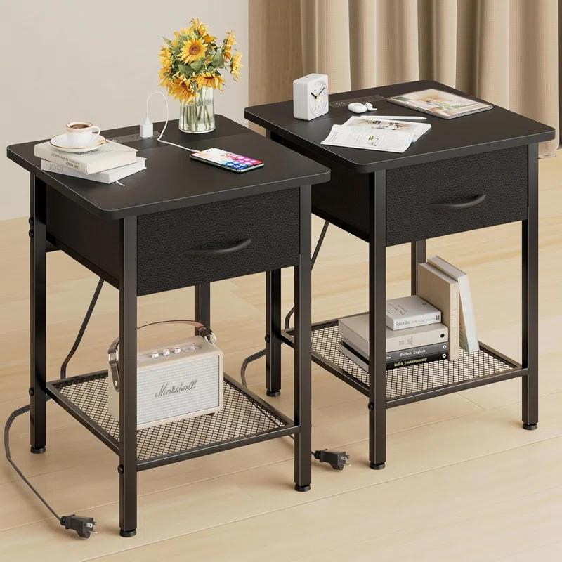 17 Stories Nightstands Set Of 2 With Charging Station And Fabric Storage Drawer,16.5" X 15.8" Side Table With Storage For Bedroom, Bedside Tables With Steel Fram
