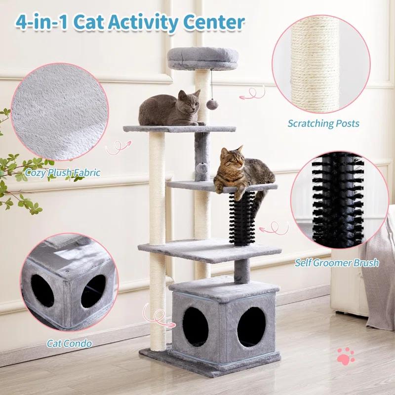 Tucker Murphy Pet™ Cat Tree, 52.4" Tall Cat Tower For Indoor Cats, Multi-Level Large Cat Condo With Scratching Posts And Pompoms, Plush Kitten Climbing Tower With Cat Grooming Brush And Perch