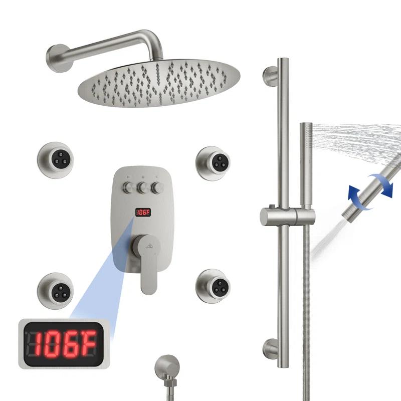 CASAINC 3-Function 12 Inch Temperature Digital Display Shower System With 2-Setting Slider Bar Handheld And 4Pcs Body Jets BR01009SX12BN