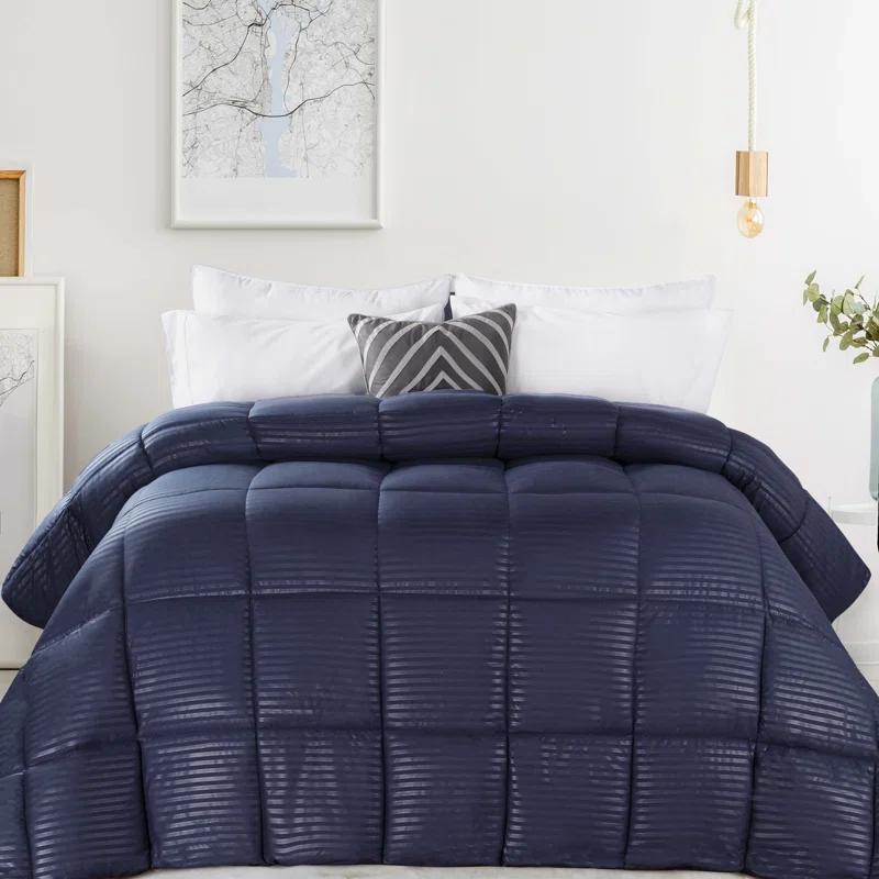 Superior Striped Reversible Box-Quilt Brushed Microfiber Medium Weight Down Alternative Comforter