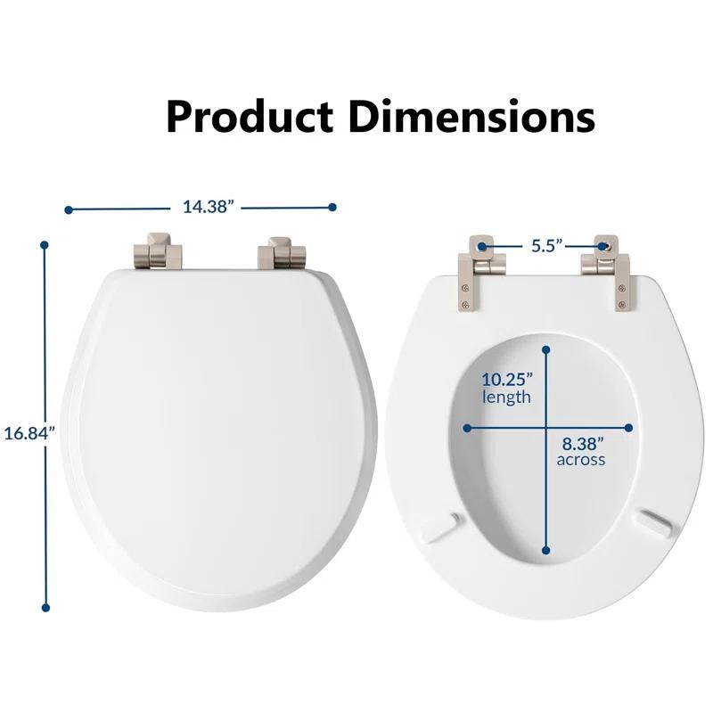 Bennett Toilet Seat with Metal Hinges, Slow Close Wood Seat, Easy Install, Elongated, White