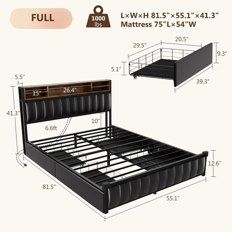 Kanchi Upholstered Metal Platform LED Bed Frame with 4 Storage Drawers and Bookcase Headboard, Black