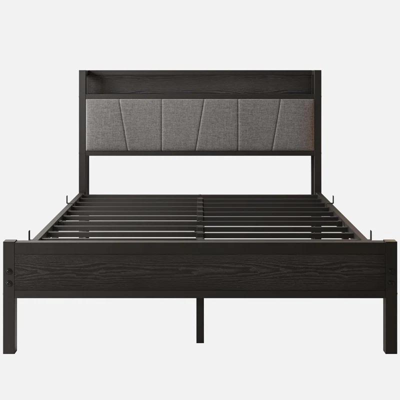 Bed Frame, Storage Headboard with Charging Station