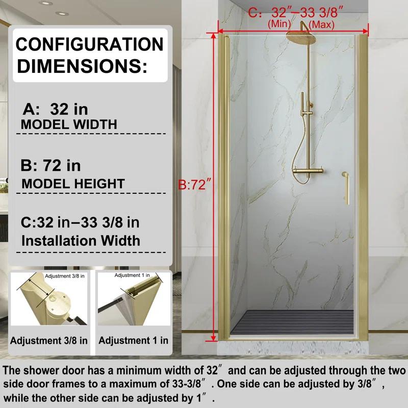 32-33.5 in. W x 72 in. H Pivot Swing Frameless Shower Door with Clear SGCC Tempered Glass