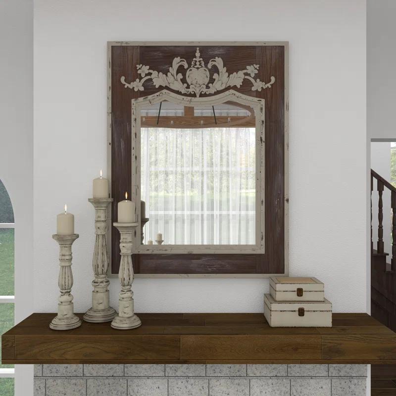 Ophelia & Co. Eberhart Wood Vintage Inspired Acanthus Scroll Floral Brown Wall Mirror with Distressed Cream Accents
