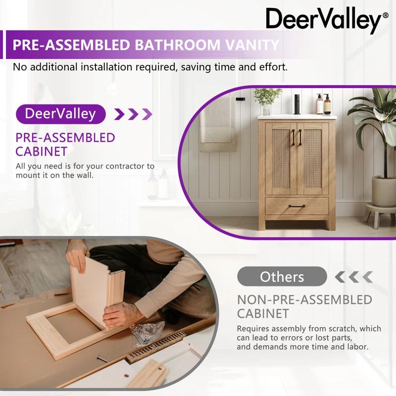 DeerValley Cove 24" Fully Assembled Single Bathroom Vanity with Ceramic Top, Soft-close Doors and Drawer