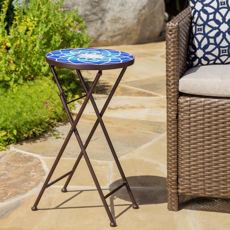 Fleur De Lis Living Folding Blue and White Top Side Table with Iron Frame, Multifunctional Plant or Beverage Stand