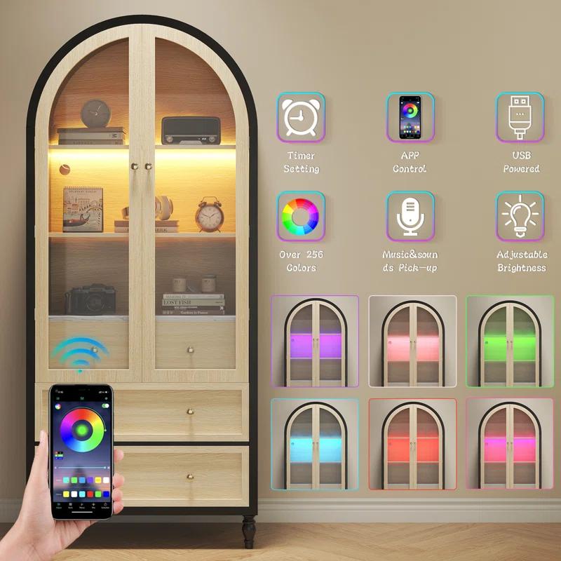 Alcott Hill® 73 Inch Tall Arched Storage Cabinet With Doors Arched Pantry Led Lighted Display Cabinet Bookshelf