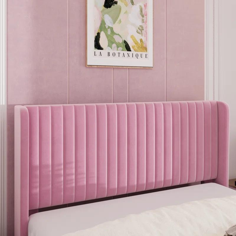 Candler Velvet Upholstered Platform Bed with Wingback Headboard and Wooden Slats
