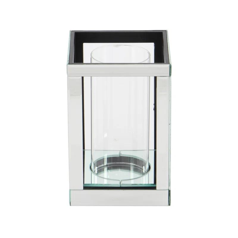 House of Hampton® Glass Pillar Silver Hurricane Lamp with Mirrored Accents