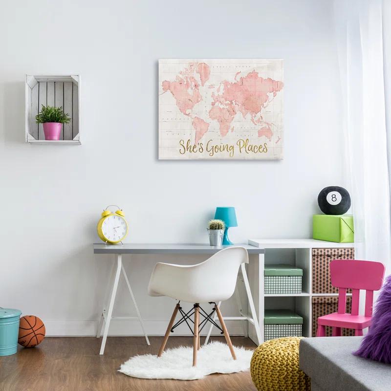 Stupell Industries She's Going Places Quote Pink Watercolor World Map by Sue Schlabach - Print