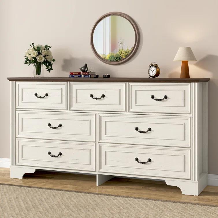 Charlton Home® 59" Farmhouse Dresser With 7 Spacious Drawers – Rustic Wooden Storage Cabinet For Bedroom, Living Room, Or Entryway