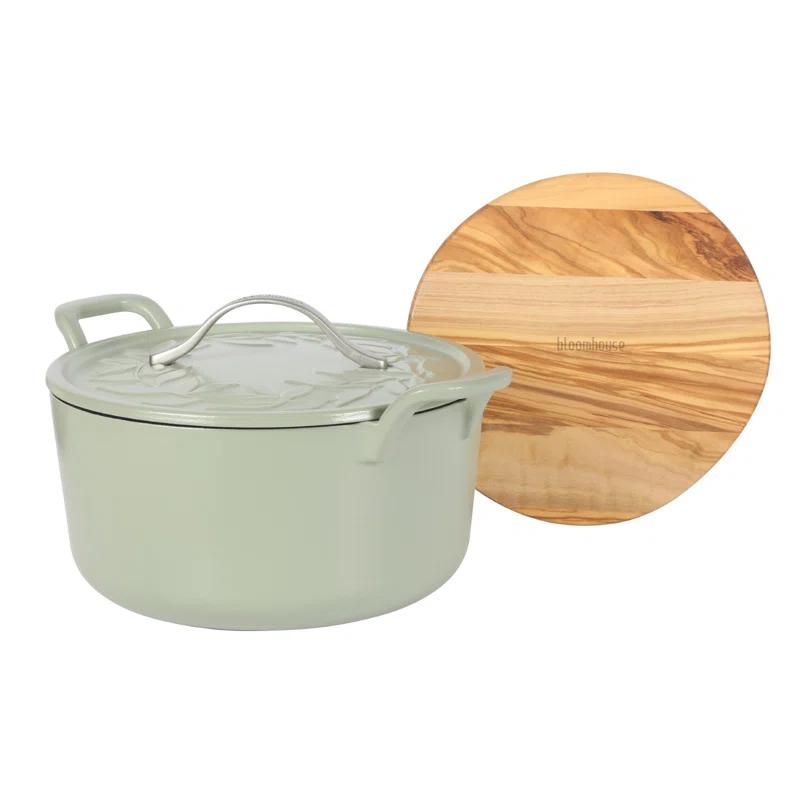 Bloomhouse 7 Qt Cast Iron Dutch Oven w/ Lid, European Enamel, & Walnut Wood Trivet - Oat White