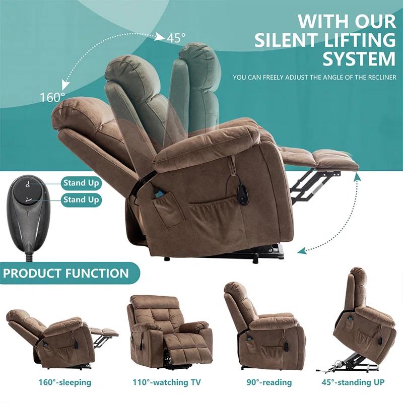 Latitude Run® Large Electric Massage Recliner With Heat, Velvet Lift Recliner Chair For Elderly Oversize with Hidden Cup Holder