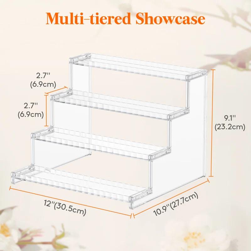 Lifewit 4 Tier Clear Display Risers Stand With Decorative Fences, Plastic 12 Inch Perfume Organizer, Display For Figures, Cupcake, Dessert, Desktop Stand For Organization And Decor, 1 Pack