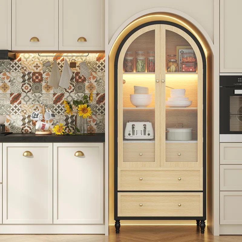 Alcott Hill® 73 Inch Tall Arched Storage Cabinet With Doors Arched Pantry Led Lighted Display Cabinet Bookshelf