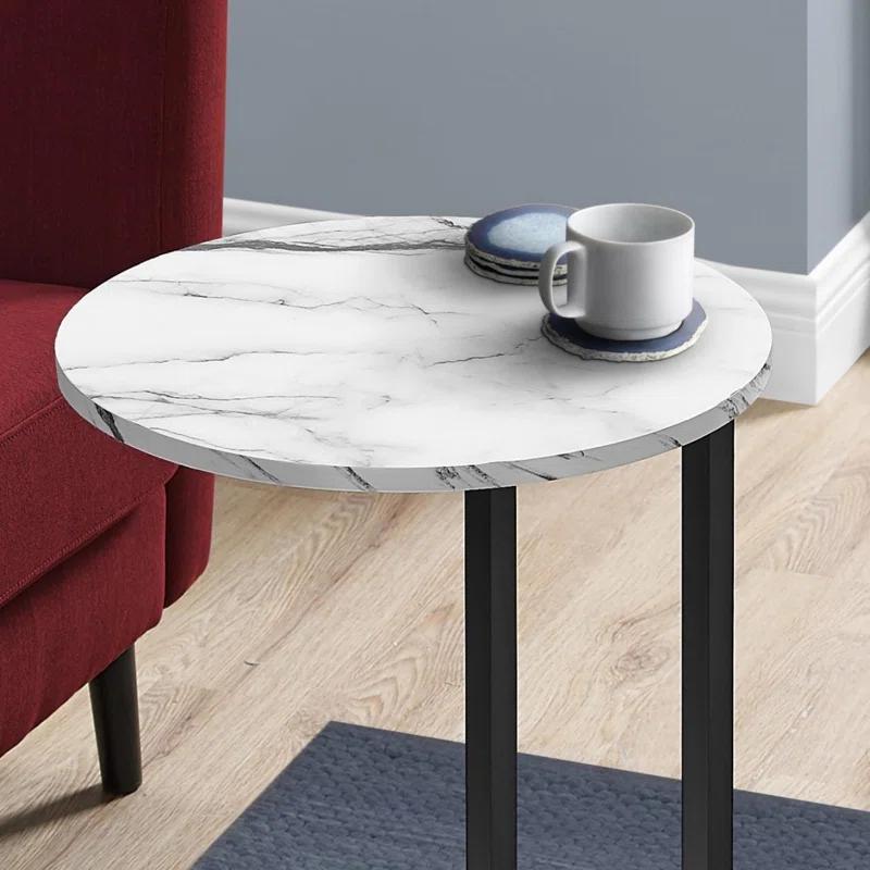 17 Stories Accent Table, Side, Round, End, Nightstand, Lamp, Living Room, Bedroom, White Marble Look Laminate, Black Metal, Contemporary, Modern