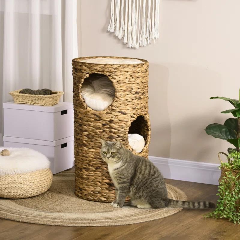 Ophelia & Co. Elevated Cat Bed With Three Hideaways & Four Soft Plush Cushions, Cat Tower With Hand-Woven Materials, Multi-Layer Raised Kitten Bed Caves
