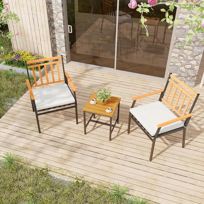 Gracie Oaks 3 Pieces Acacia Wood Bistro Set Patio Conversation Set With Cushions And Coffee Table Outdoor Bistro Table And Chairs Set