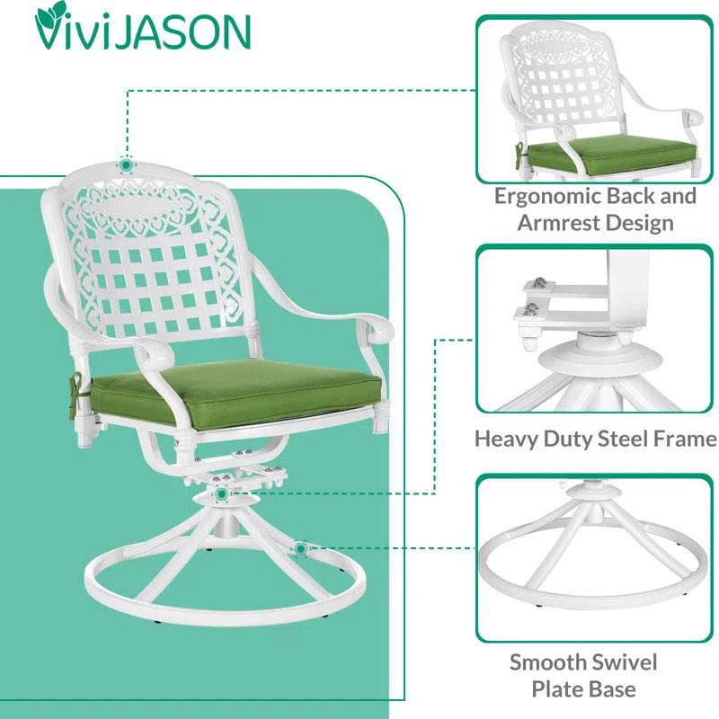 VIVIJASON Vivijason Patio Swivel Dining Chairs Set Of 2, All Weather Cast Aluminum Outdoor Dining Rocker Chairs, Patio Furniture Chair Set With Cushion For Balcony, Lawn, Garden, Backyard, White/green Cushion