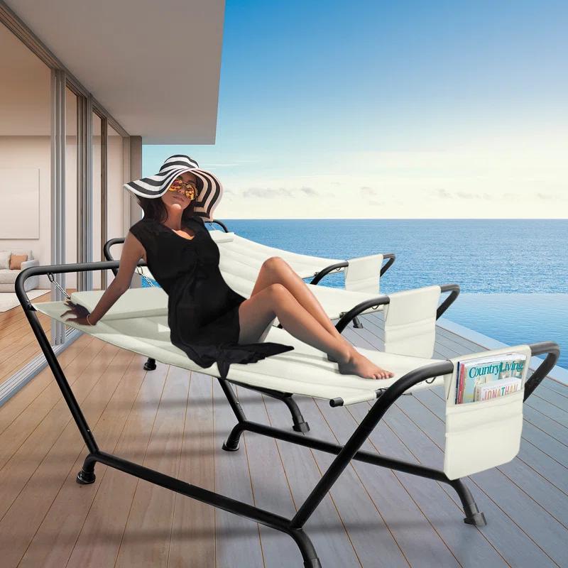 1-Person Hanging Cozy Hammock Bed with Stand, Pillow and Storage Pockets in Beige