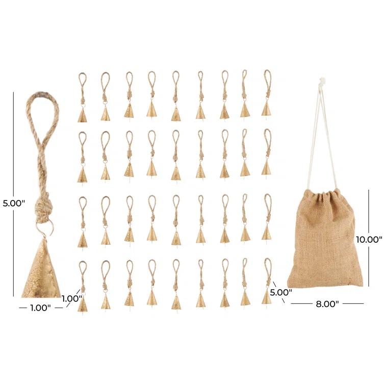 Rosalind Wheeler Metal Tibetan Inspired Indoor Outdoor Gold Decorative Bells With Brown Jute Rope And Canvas Drawstring Tote Set (Set of 36)