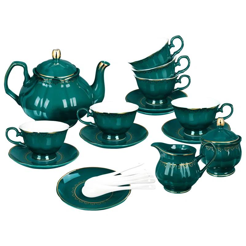 Rosdorf Park Malerba 21 Piece Vintage Porcelain Tea Set, Green With Gold Trim China Coffee Service For 6, Large Teapot, Tea Cup And Saucers Set, Christmas Gifts